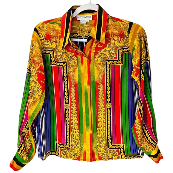Vintage 80's Silk Bloomindale's BaroqueBlouse Womens M Gold Multicolored